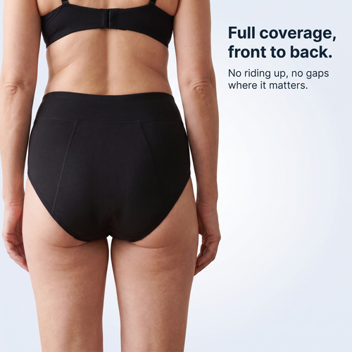 Calm Wear women's leakproof brief, back view, full coverage