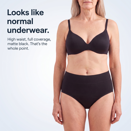 Calm Wear women's high-waist leakproof brief in black, front view